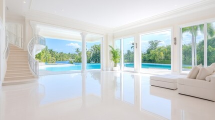 Fototapeta premium A luxurious modern living room with large windows overlooking a serene pool and tropical garden, spacious and bright interior, and minimalist design.