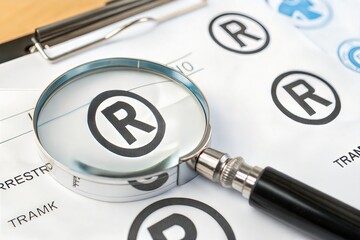 A magnifying glass focusing on a registered trademark symbol on a white background, representing trademark registration and intellectual property protection. (Business Concept)