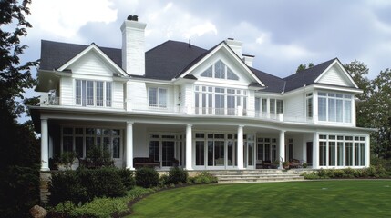 a house with white designs and large porches, surrounded by green landscaping and partly cloudy skies