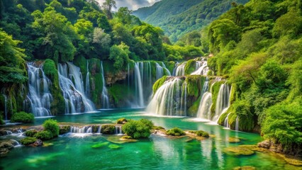 Fototapeta premium Emerald waterfalls cascading through lush greenery, river, landscape, river, landscape, slovenia