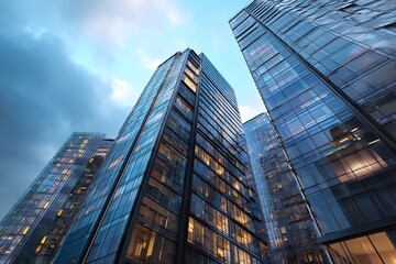 Fototapeta premium Modern skyscraper glass facade with urban skyline view showcasing contemporary architecture and city life in a sleek urban environment