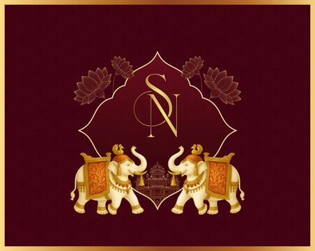Naklejki Elegant wedding logo featuring elephants, lotuses, and stylish initials
