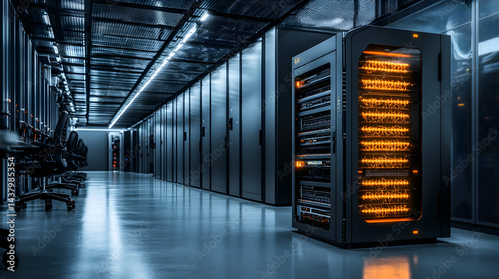 Poster a data center showcasing servers with glowing internals. suitable for it infrastructure presentation