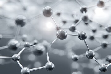 Obraz premium Abstract molecular structure background with interconnected hexagons and circles, ideal for scientific illustrations and design projects, white and gray tones