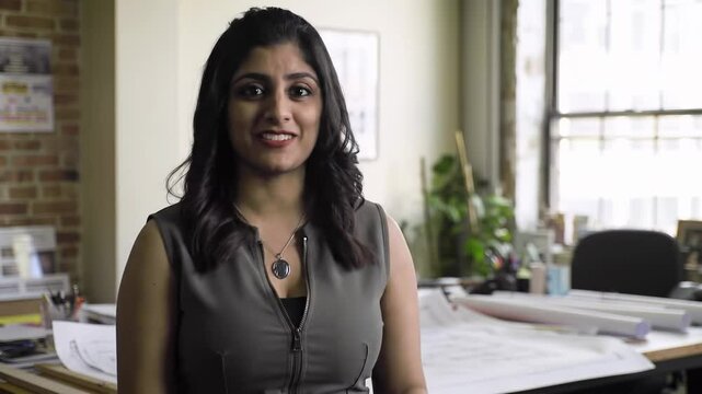 Engaging Young South Asian Woman in Professional Setting Sharing Ideas in Modern Office Space