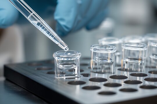 Researcher's hand using a dropper to fill sample tubes with clear solution, concept for science laboratory, medical research, and pharmaceutical industry