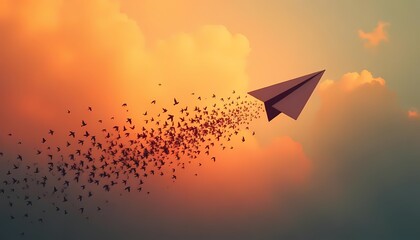 Paper airplane flies amidst flock of birds into sunset horizon.
