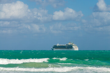Cruise ship on the Atlantic ocean, view from Miami South beach, Florida