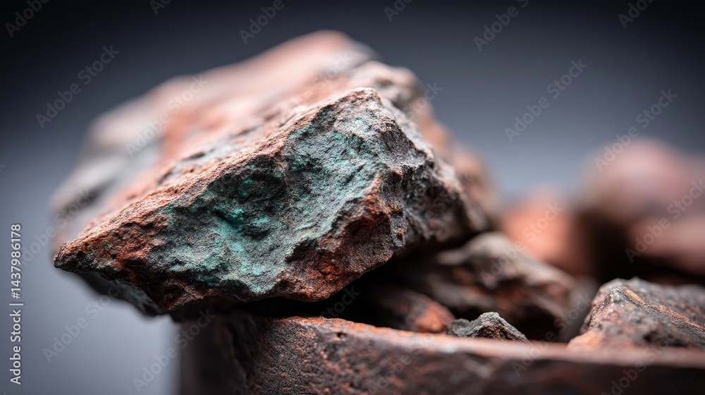 Poster magnified view highlights the intricate pitted texture of oxidized copper displaying green patina ag
