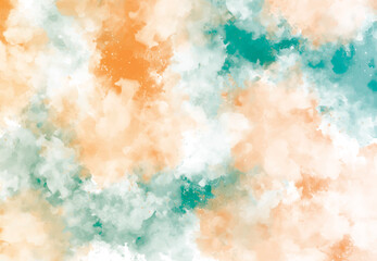 Abstract watercolor painting with green orange and white colors blending together. A colorful background with a few clouds and a light blue sky.