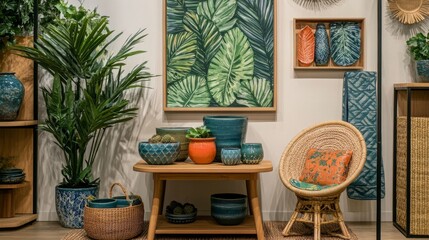 living room with a small wooden table, colorful ceramics, a green plant, a woven chair, and botanical wall art creating a natural, calm vibe