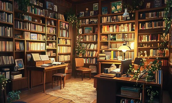 Cozy library interior filled with books, plants, and warm lighting, creating a serene study atmosphere
