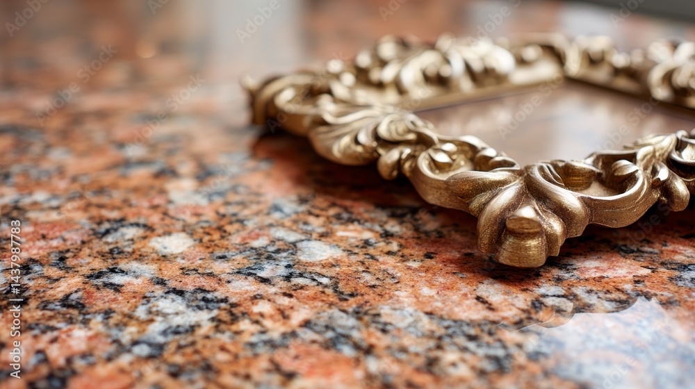 Poster Close-up of an intricate bronze frame resting on a smooth granite surface, enhanced by gentle side lighting creating a showcase for reflections and textures