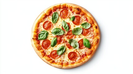 Top view of a classic margherita pizza with fresh basil and mozzarella