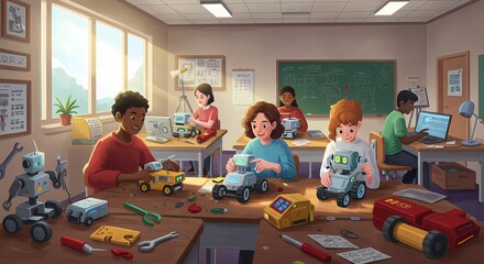 Kids building and programming robots in a classroom setting.