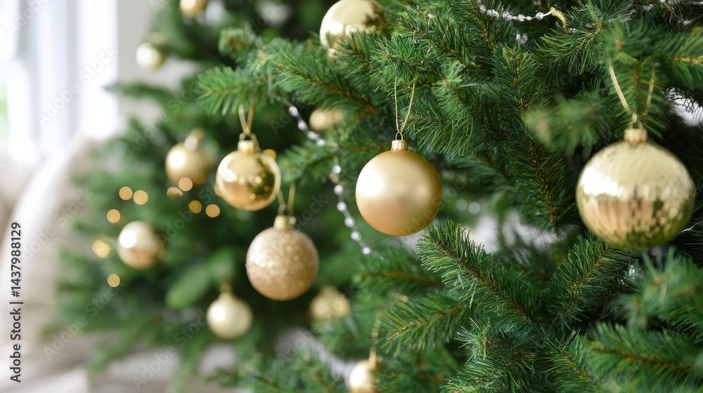 Aufkleber Lush green Christmas tree adorned with golden baubles and soft string lights, creating an elegant festive ambiance with soft focus on decorative details