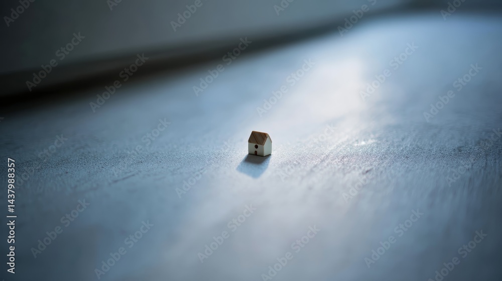 Poster Close-up view of a small model house placed on a flat surface, illuminated by soft light from above, representing property ownership with clear copy space