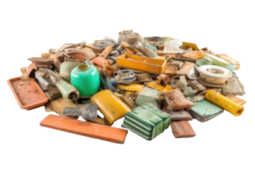 Heap of discarded junk isolated on transparent PNG background