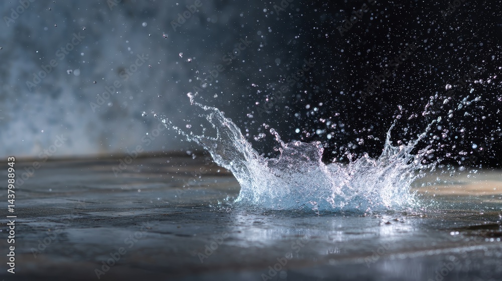Aufkleber High-speed capture showcases dynamic water droplets splashing on a smooth black surface, creating an energetic display of crisp blue and white tones
