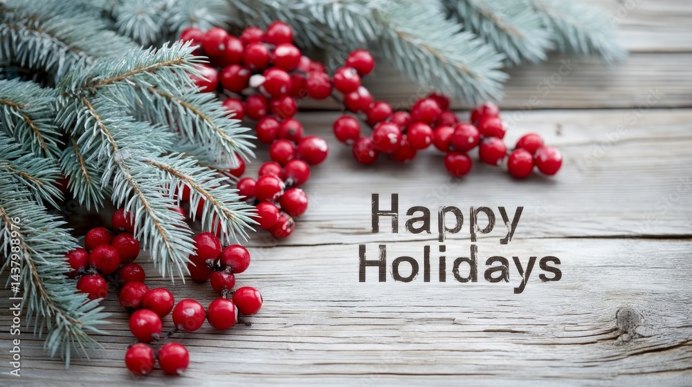 Poster frosted pine branches and vibrant red berries surround vintage-style happy holidays text on a rustic
