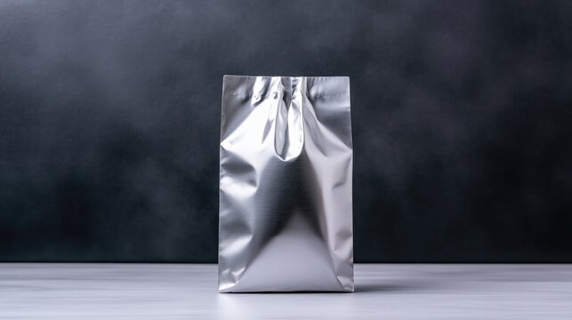 A silver resealable pouch standing upright on a clean white surface, dark gradient background, and minimalist composition for product display.
