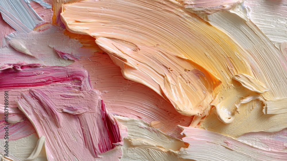 Poster Soft peach tones blend harmoniously in smooth paint strokes, showcasing abstract and fluid texture with glossy finish against a modern artistic backdrop