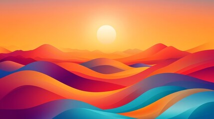 Vibrant abstract desert landscape with colorful orange, red, blue hues under a bright sunlit sky, featuring rolling wavy hills and surreal sunset aesthetic. Psychedelic therapeutic background design