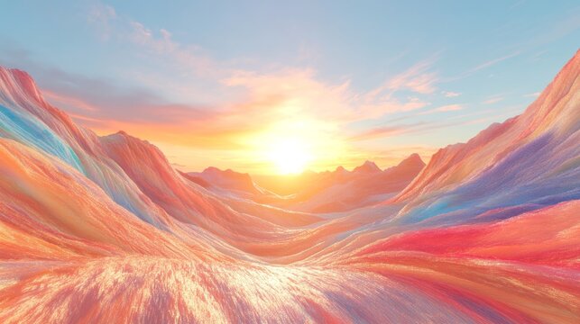 Vibrant abstract desert landscape with colorful orange, red, blue hues under a bright sunlit sky, featuring rolling wavy hills and surreal sunset aesthetic. Psychedelic therapeutic background design