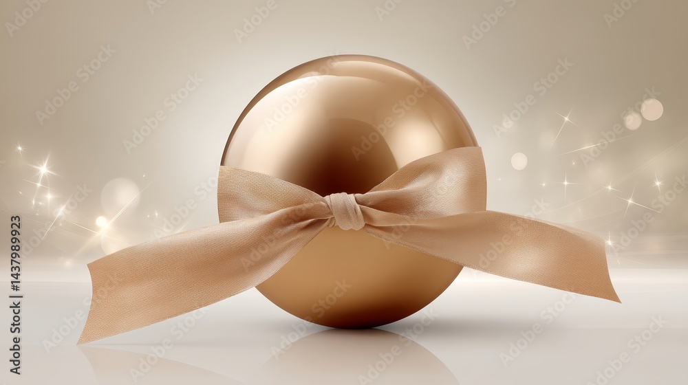 Aufkleber a detailed close-up of a golden ornament featuring a satin ribbon bow, set against a neutral gradien