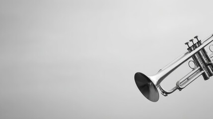 Glossy silver trumpet rests against a neutral backdrop, primarily for use in celebration announcements or festive promotions. Dynamic angle adds visual interest