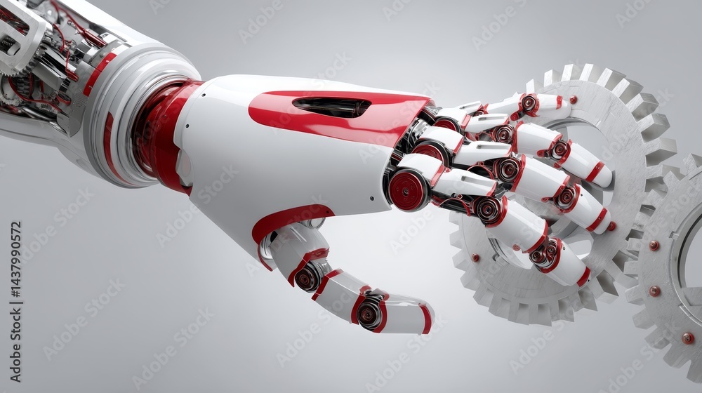 Poster Close-up of a robotic claw aligning perfectly with a metallic cogwheel, highlighting the integration of technology and precision in a modern context