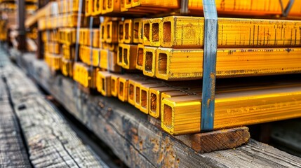 Warehouse scene featuring a stack of high quality steel and aluminum pipes prepared for shipment