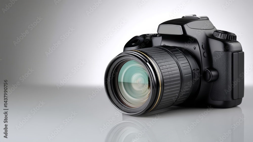 Poster a close-up shot captures the intricate details of a polished camera lens with reflective surfaces, s