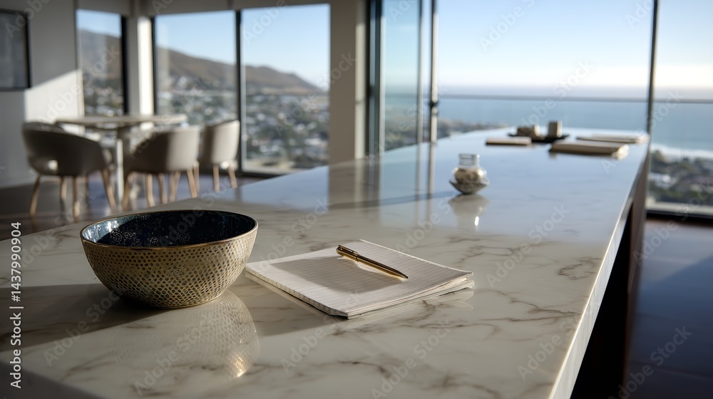 Fototapete A tidy arrangement of open notebooks and a classy pen rests on a sleek marble tabletop, with a blurred coastal horizon enhancing the atmosphere of productivity