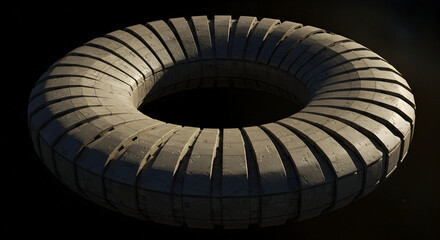 Fototapeta premium Abstract Donut Shape Composed of Concrete Blocks Against Dark Backdrop