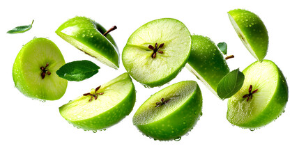 Fototapeta premium Sliced green apples and leaves float against a white background.