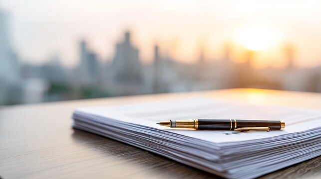 A neatly arranged stack of blank legal documents rests with a glossy fountain pen on a smooth glass desk, showcasing professionalism against a blurred urban backdrop