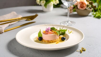 美しいデザート、パンナコッタとエディブルフラワー