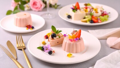 美しいデザート、パンナコッタとエディブルフラワー