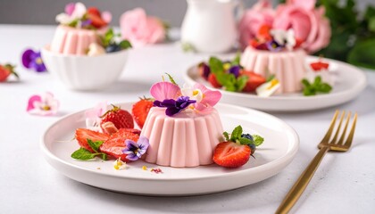 美しいデザート、パンナコッタとエディブルフラワー