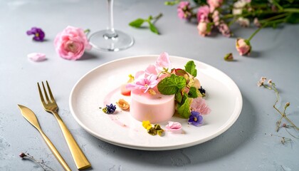 美しいデザート、パンナコッタとエディブルフラワー