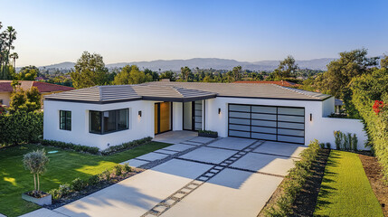 Fototapeta premium Modern luxury home with sleek garage and open driveway, surrounded by lush greenery