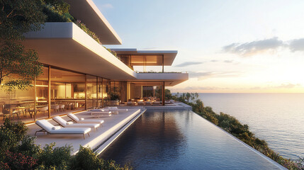 Luxurious modern house with infinity pool overlooking ocean sunset, creating serene atmosphere