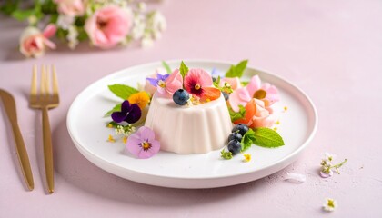 美しいデザート、パンナコッタとエディブルフラワー