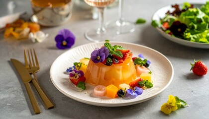 美しいデザート、パンナコッタとエディブルフラワー