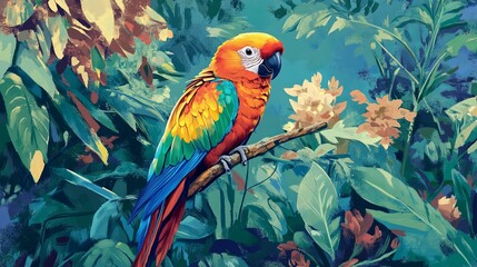 Fototapeta premium Vibrant Macaw Parrot in Lush Tropical Rainforest Artistic Painting Colorful Bird Wildlife Nature Illustration Exotic Avian Artwork Beautiful Jungle 