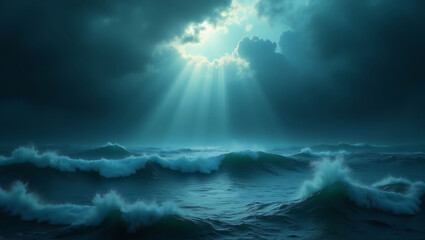 Dramatic ocean waves illuminated by a mystical light.