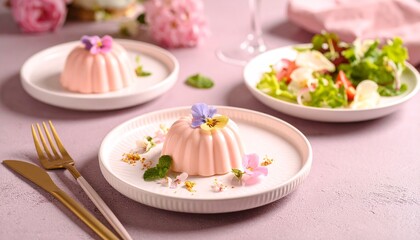 美しいデザート、パンナコッタとエディブルフラワー