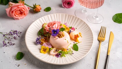 美しいデザート、パンナコッタとエディブルフラワー