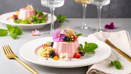 美しいデザート、パンナコッタとエディブルフラワー